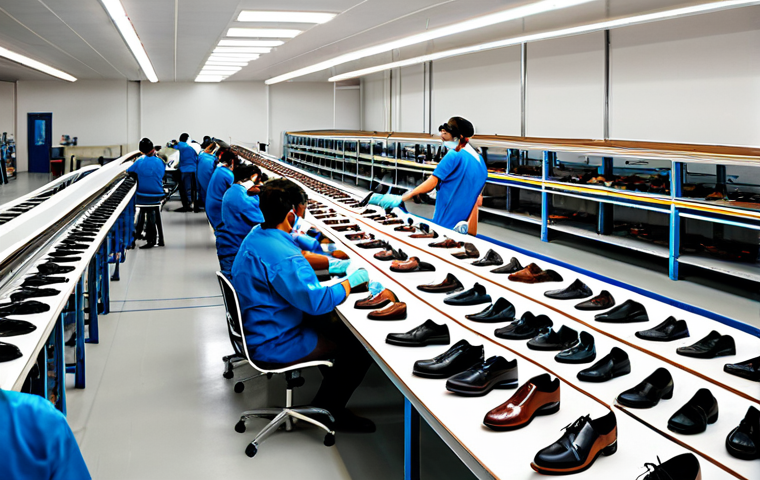 Onshoring Success in Portugal**

A bustling, modern factory floor in Portugal.  Workers in clean, appropriate work attire assemble high-quality shoes.  Large windows provide natural light.  Finished shoes are neatly packed and ready for shipment.  Show "Made in Portugal" subtly displayed.  Focus on efficiency and pride.  Professional, fully clothed, safe for work, appropriate content, perfect anatomy, natural proportions, high quality.

**