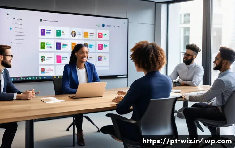 온쇼어링 비즈니스에서의 내외부 커뮤니케이션 - A modern corporate office scene showing a diverse team of professionals engaged in a dynamic interna...